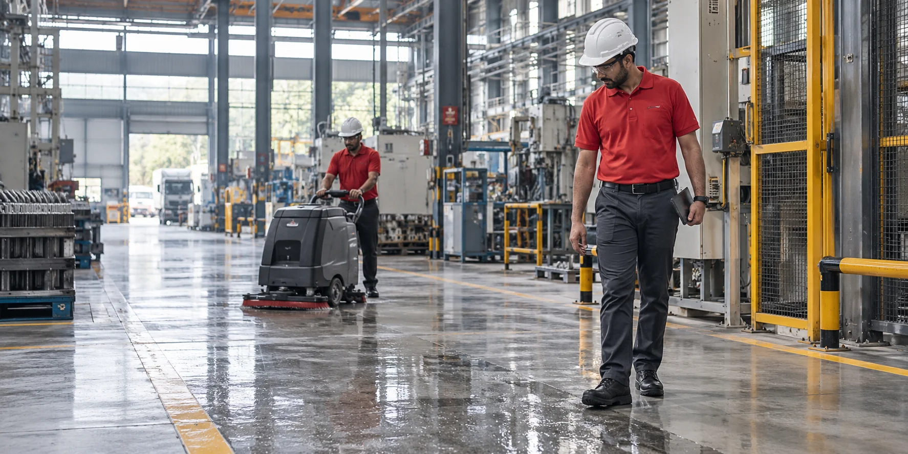Illustrative REDANCHOR facility supervisor inspecting a factory floor while an operator uses a mechanised scrubber