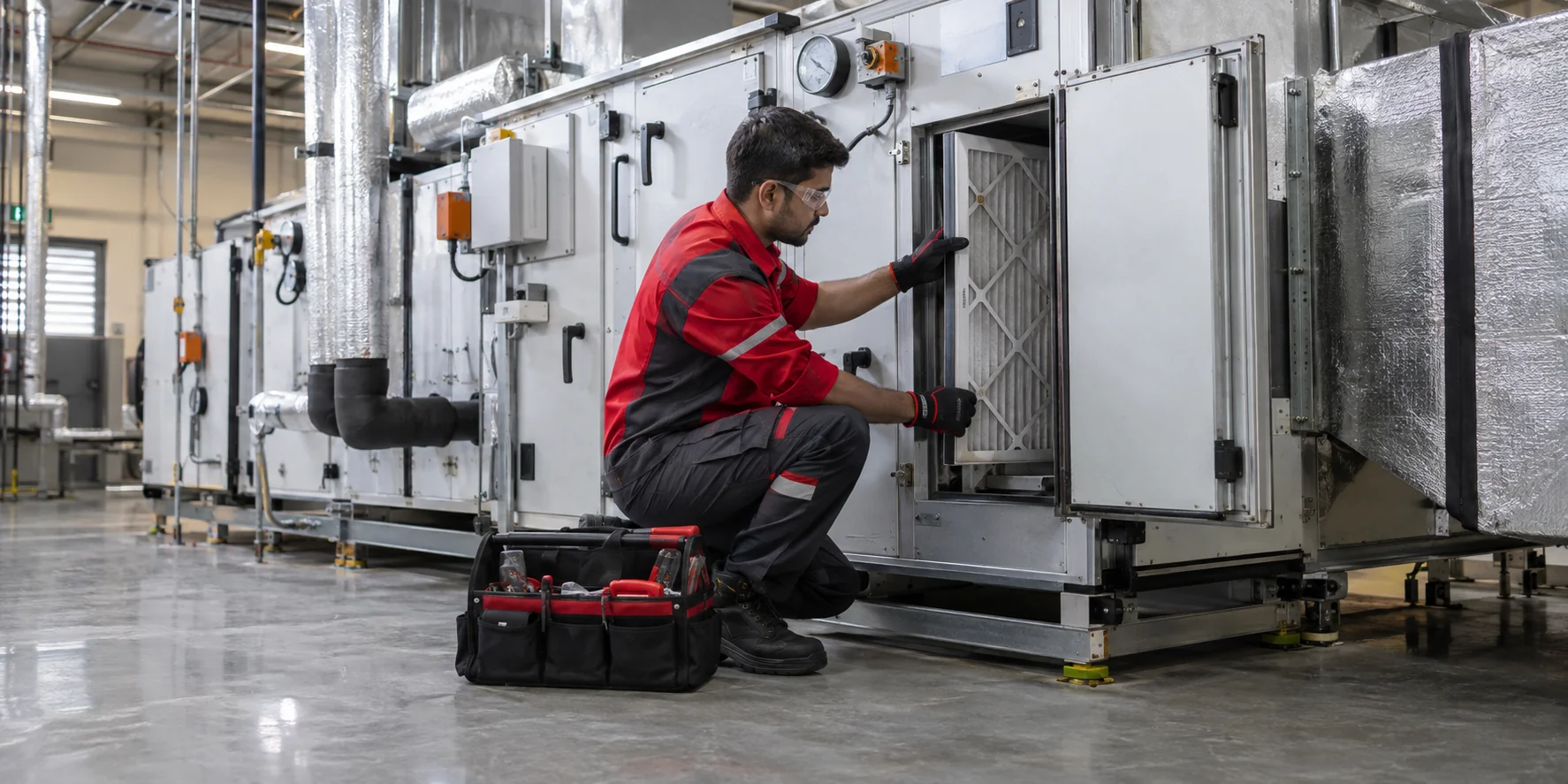 Illustrative REDANCHOR technical professional checking an accessible air-handling unit filter in a facility plantroom