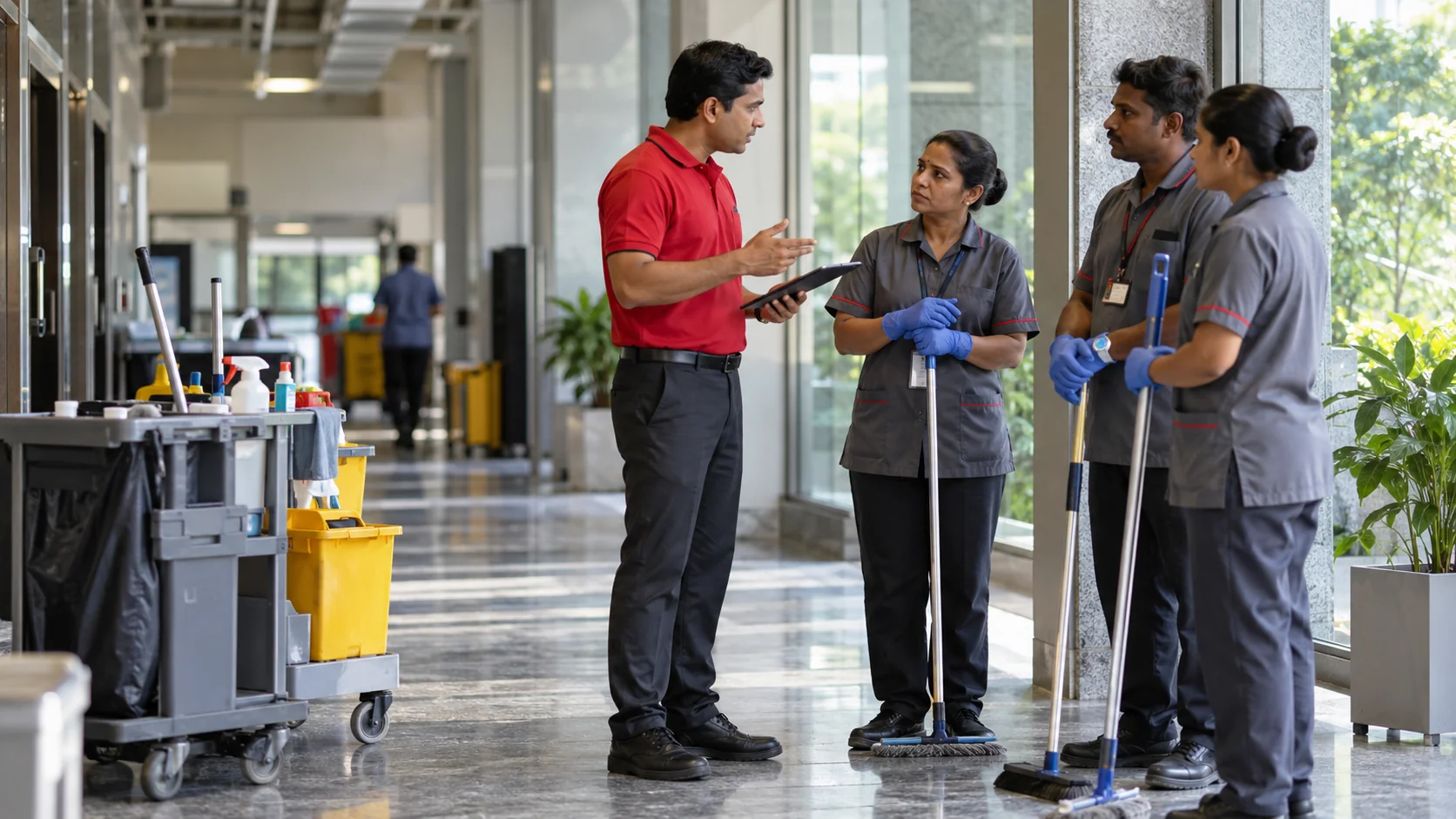 Illustrative REDANCHOR site supervisor briefing an operational team beside cleaning equipment in an Indian facility