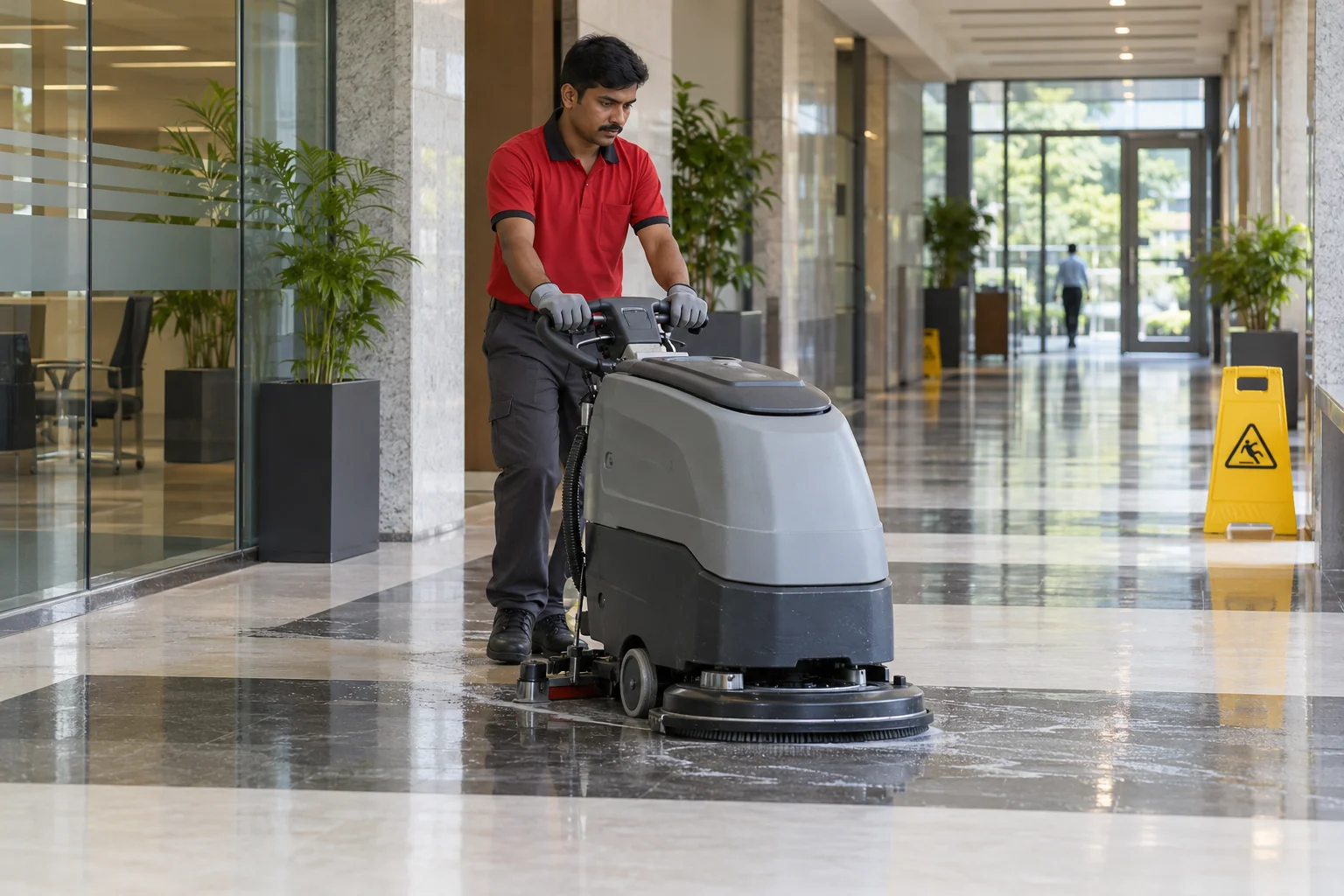 Illustrative REDANCHOR housekeeper operating a commercial floor scrubber in a facility corridor