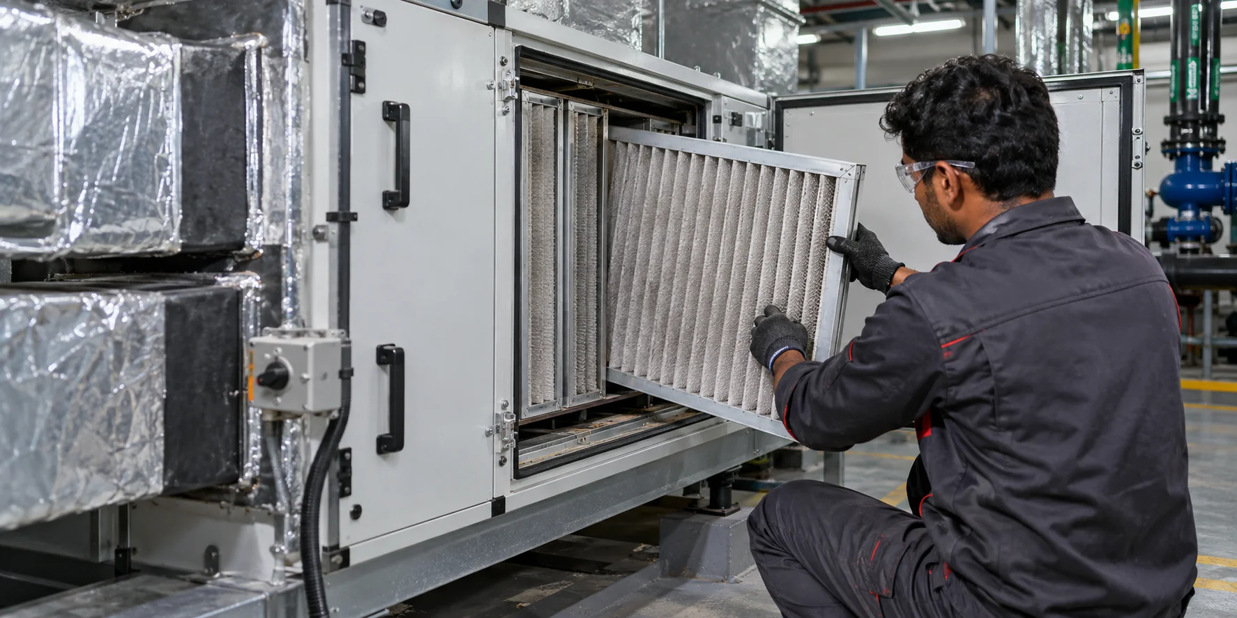 Illustrative REDANCHOR HVAC technician inspecting an accessible AHU filter