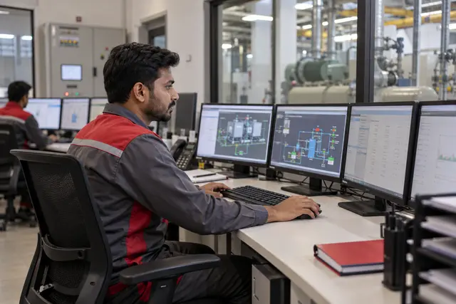 Illustrative BMS operator monitoring building equipment in a facility control room