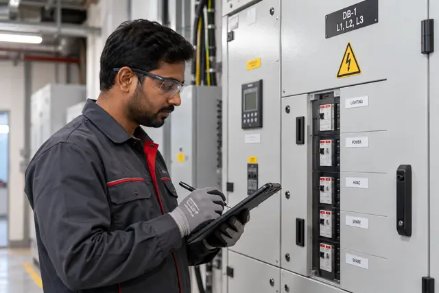 Illustrative electrical technician inspecting a building-service distribution panel