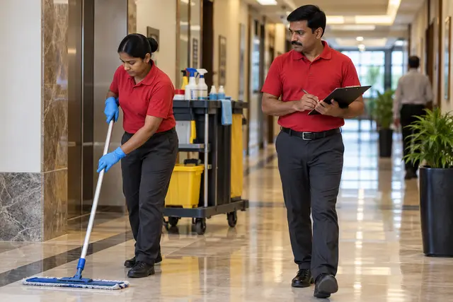 Illustrative housekeeping supervisor inspecting corridor cleaning with a housekeeping team member