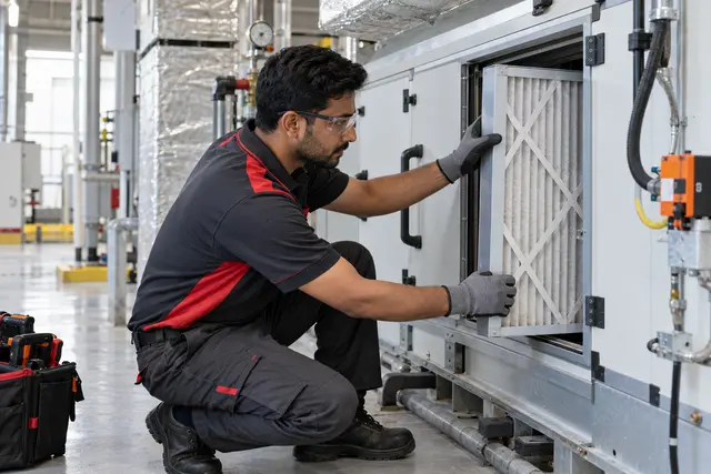 Illustrative HVAC technician inspecting an accessible air-handling unit filter