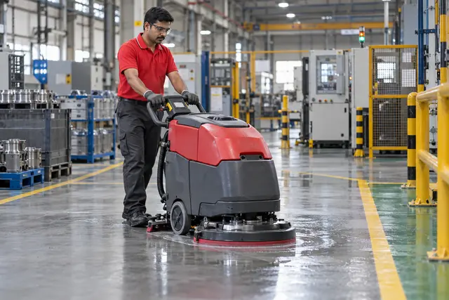 Illustrative industrial cleaning operator using a floor scrubber in a manufacturing facility