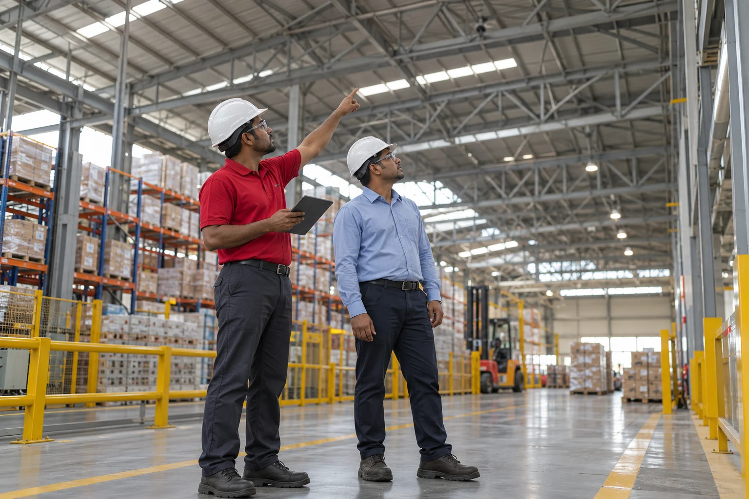 Illustrative REDANCHOR supervisor and site representative assessing elevated warehouse structures from a safe floor-level position