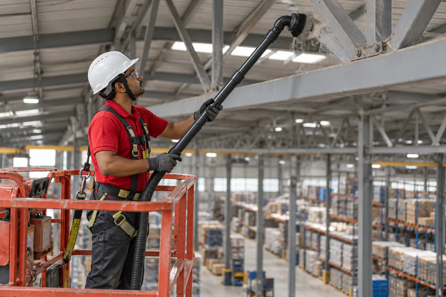 Illustrative harnessed operator removing cobweb deposits from a warehouse truss using a brush extension from a guarded access basket