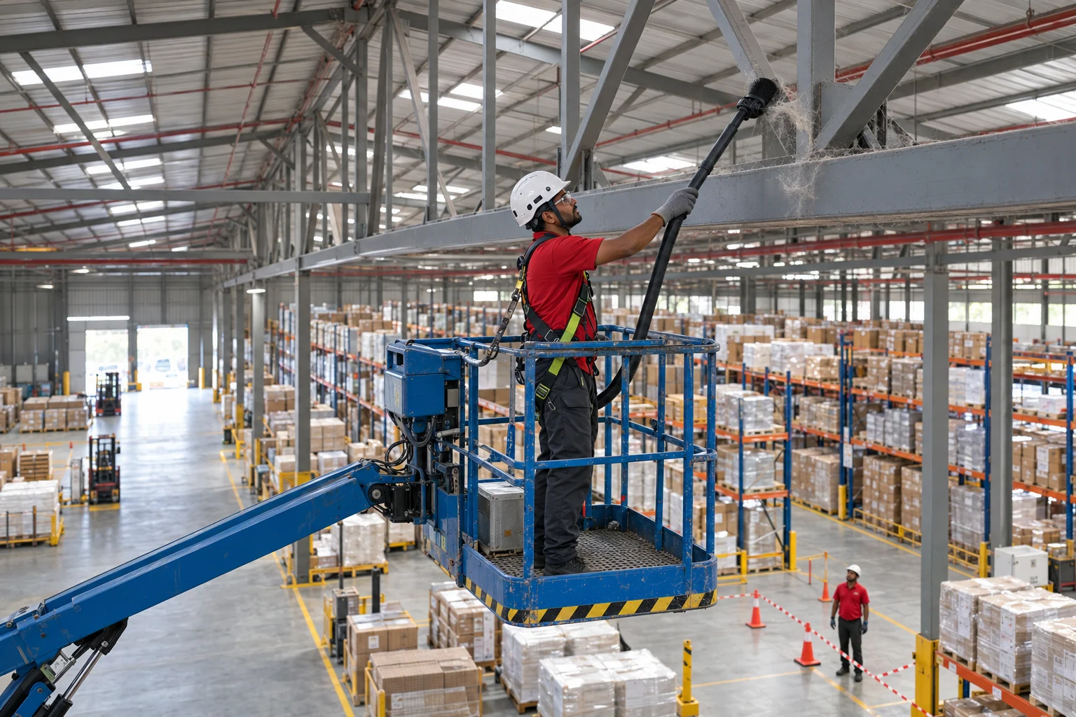 Illustrative harnessed REDANCHOR specialist removing cobwebs from an elevated warehouse structural junction inside a guarded boom-lift basket and controlled work zone