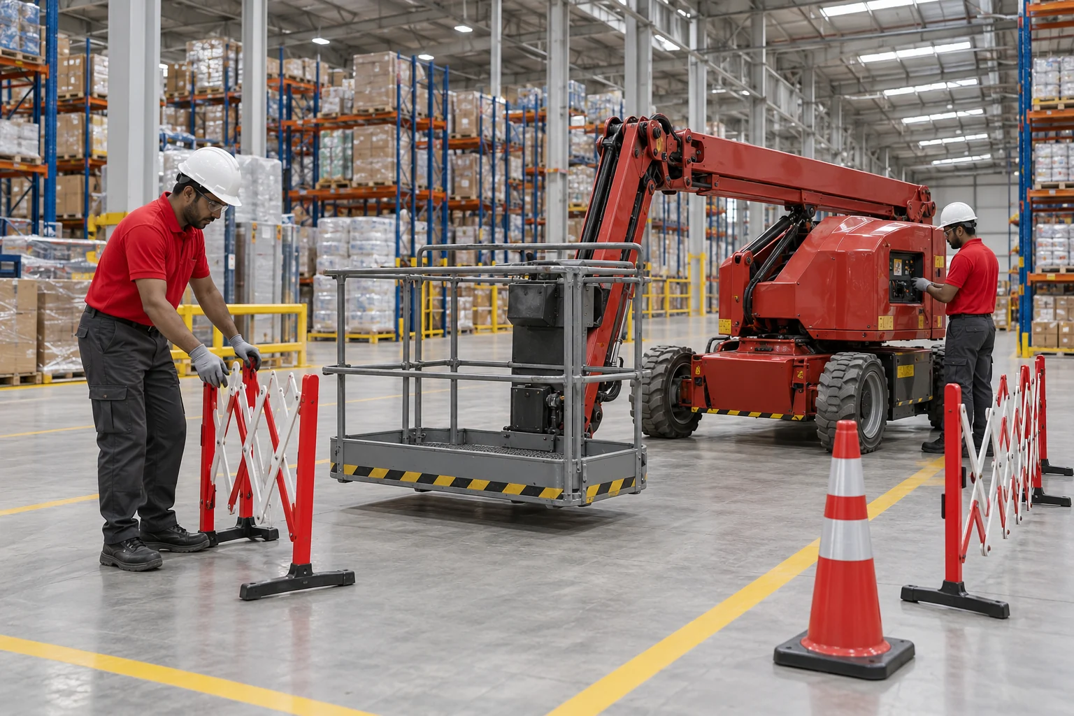 Illustrative REDANCHOR team establishing a barricaded work zone around a lowered powered access platform