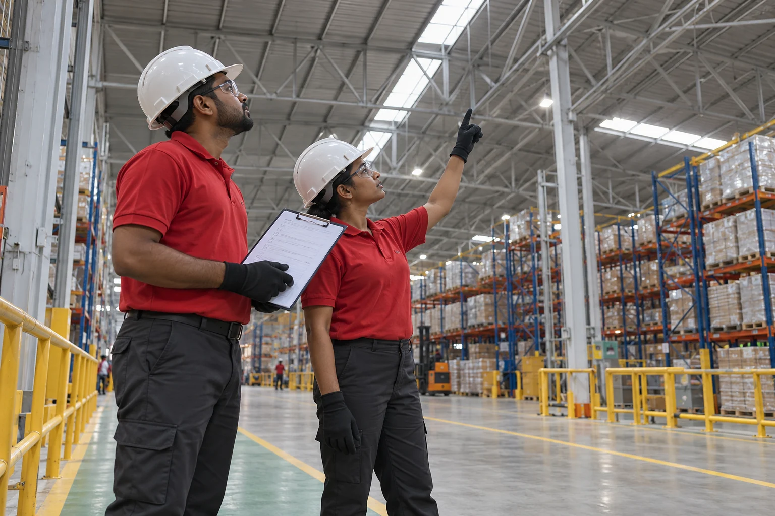 Illustrative supervisor and team member reviewing a high-level cleaning zone from a safe floor-level viewing position