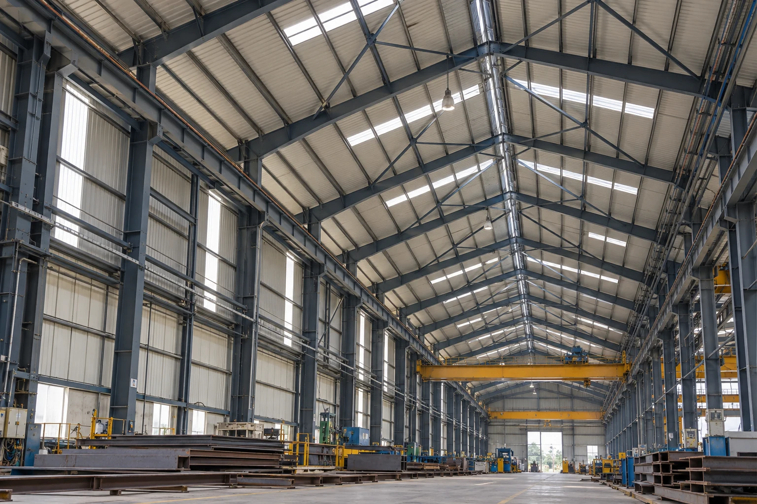 Illustrative wide-span Indian industrial shed with tall side walls, pitched roof trusses and structural bracing