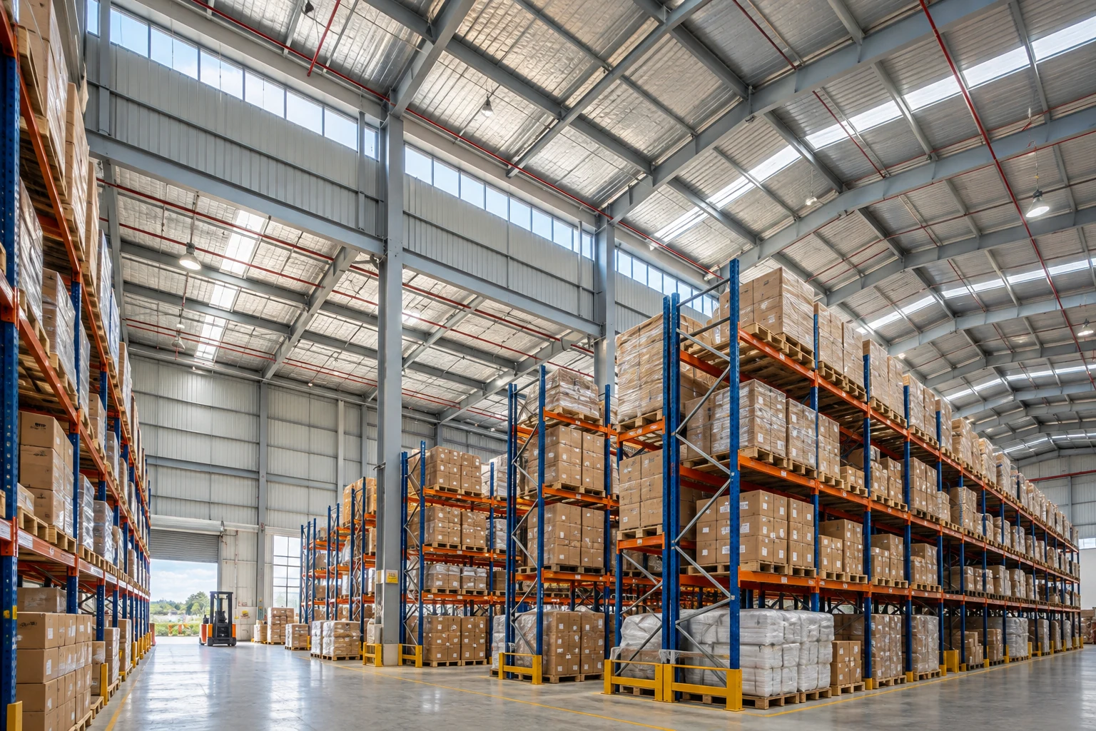 Illustrative Indian warehouse with high steel roofing, structural beams and pallet storage