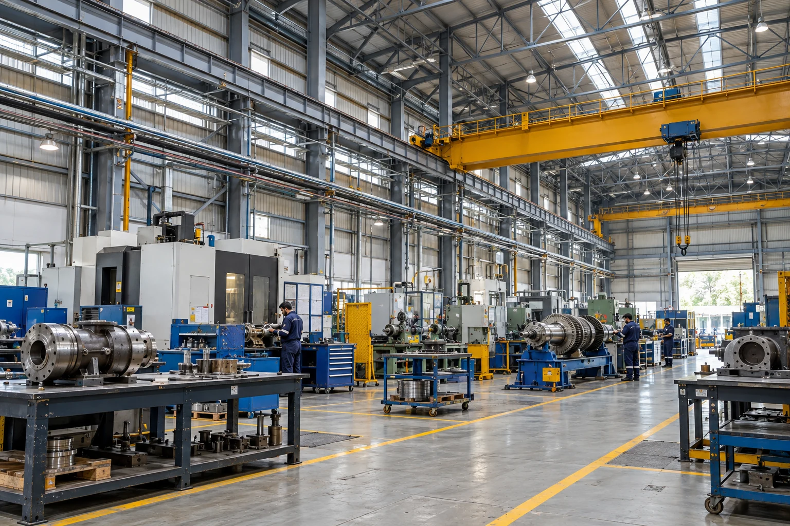 Illustrative Indian maintenance workshop with working bays, overhead gantry and elevated roof structures