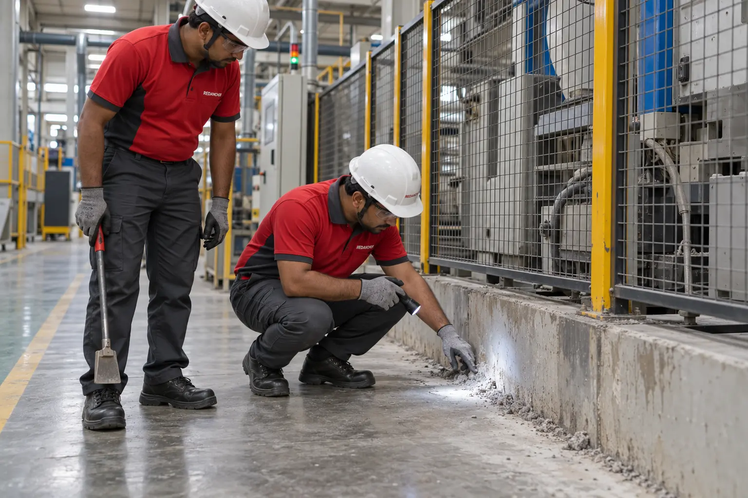 REDANCHOR supervisor and cleaning-team member assessing an industrial floor-edge condition before proposed service