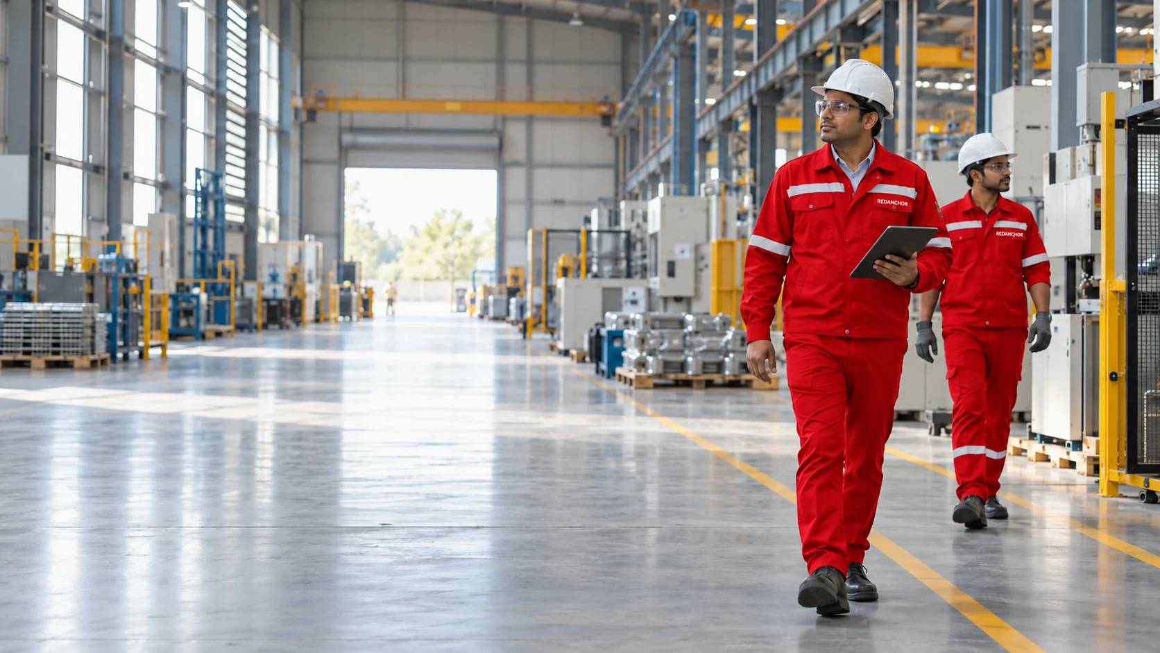 Supervised industrial workforce activity on an Indian facility floor