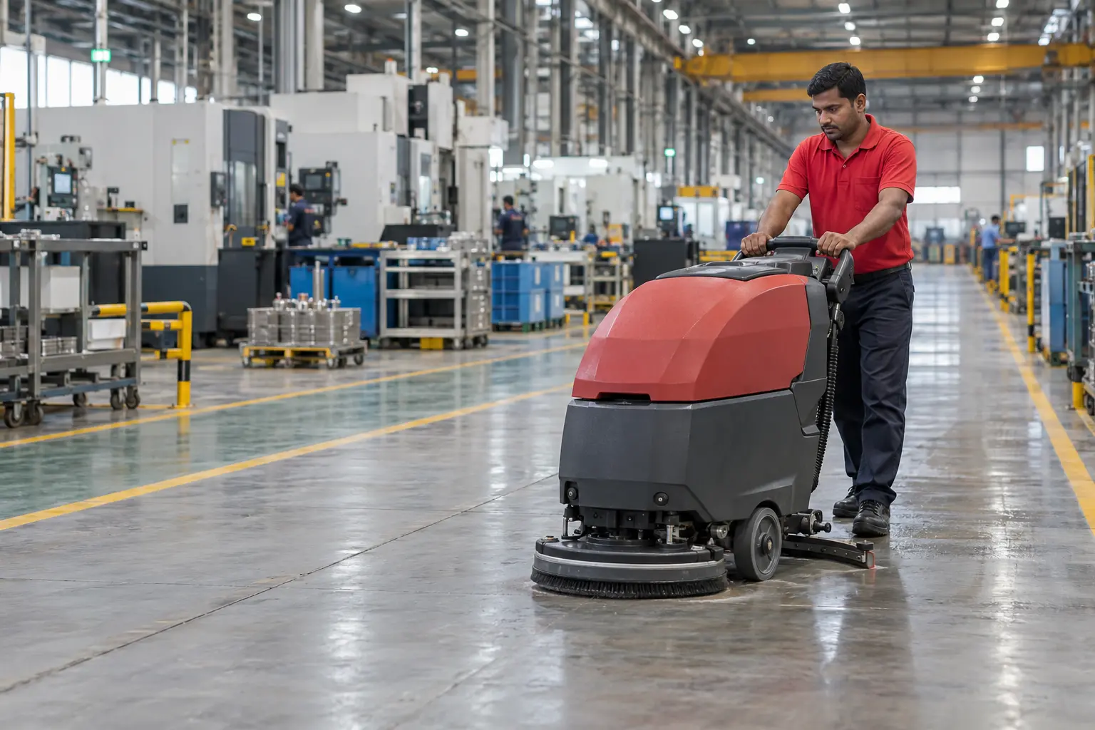 REDANCHOR operator actively scrubbing a manufacturing floor beside production equipment in an Indian factory