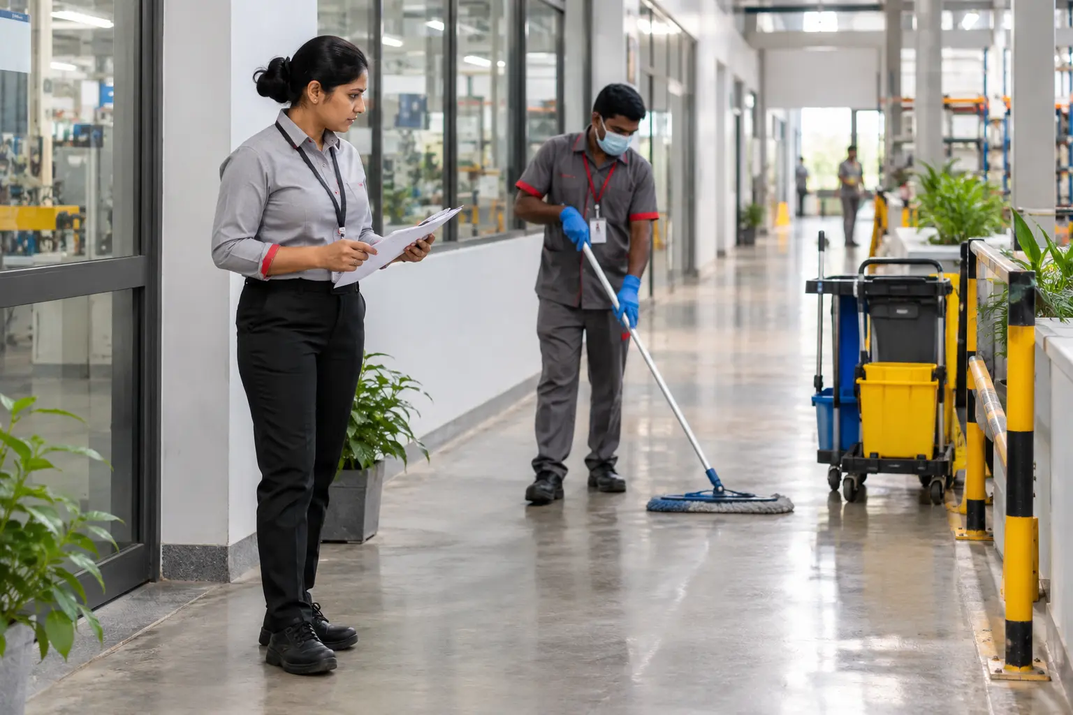 Housekeeping supervisor reviewing daily cleaning with a working team in an Indian facility corridor