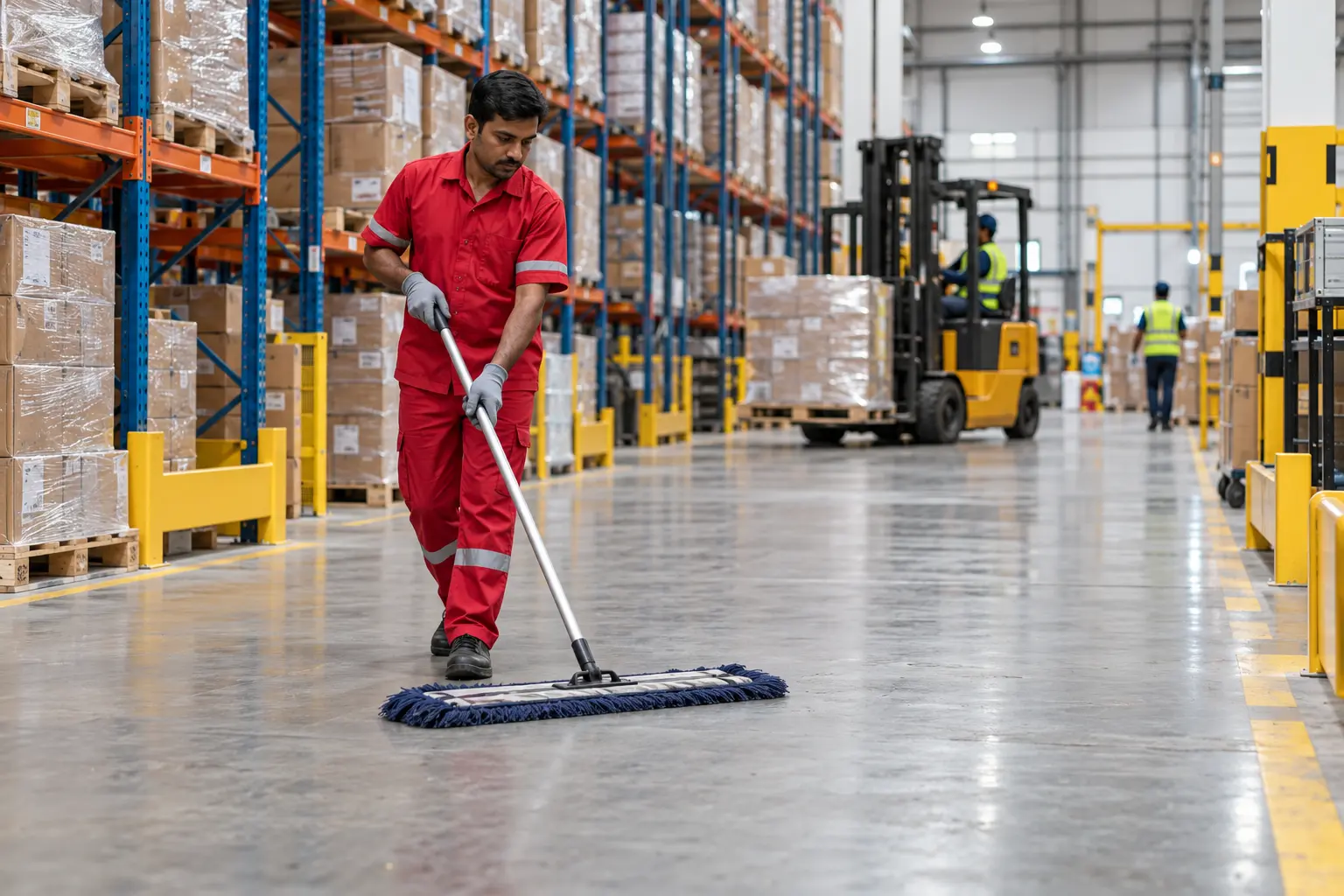 Housekeeping worker mopping a warehouse aisle beside high storage racks in India