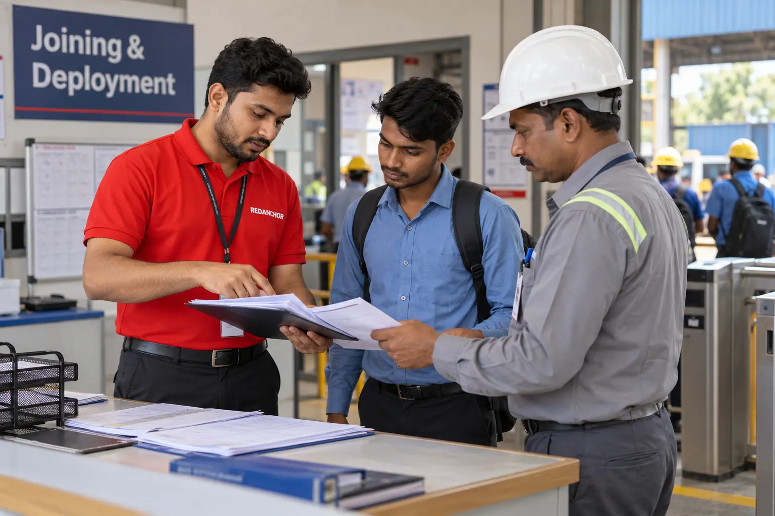 REDANCHOR workforce coordinator reviewing joining documents and deployment arrangements with a selected employee and site supervisor