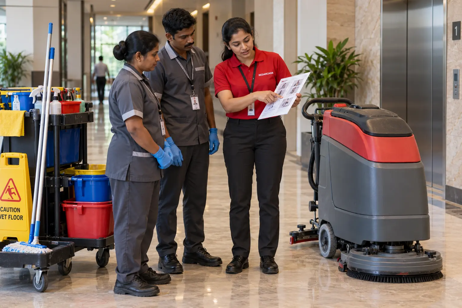 REDANCHOR workforce coordinator orienting housekeeping personnel beside professional cleaning equipment
