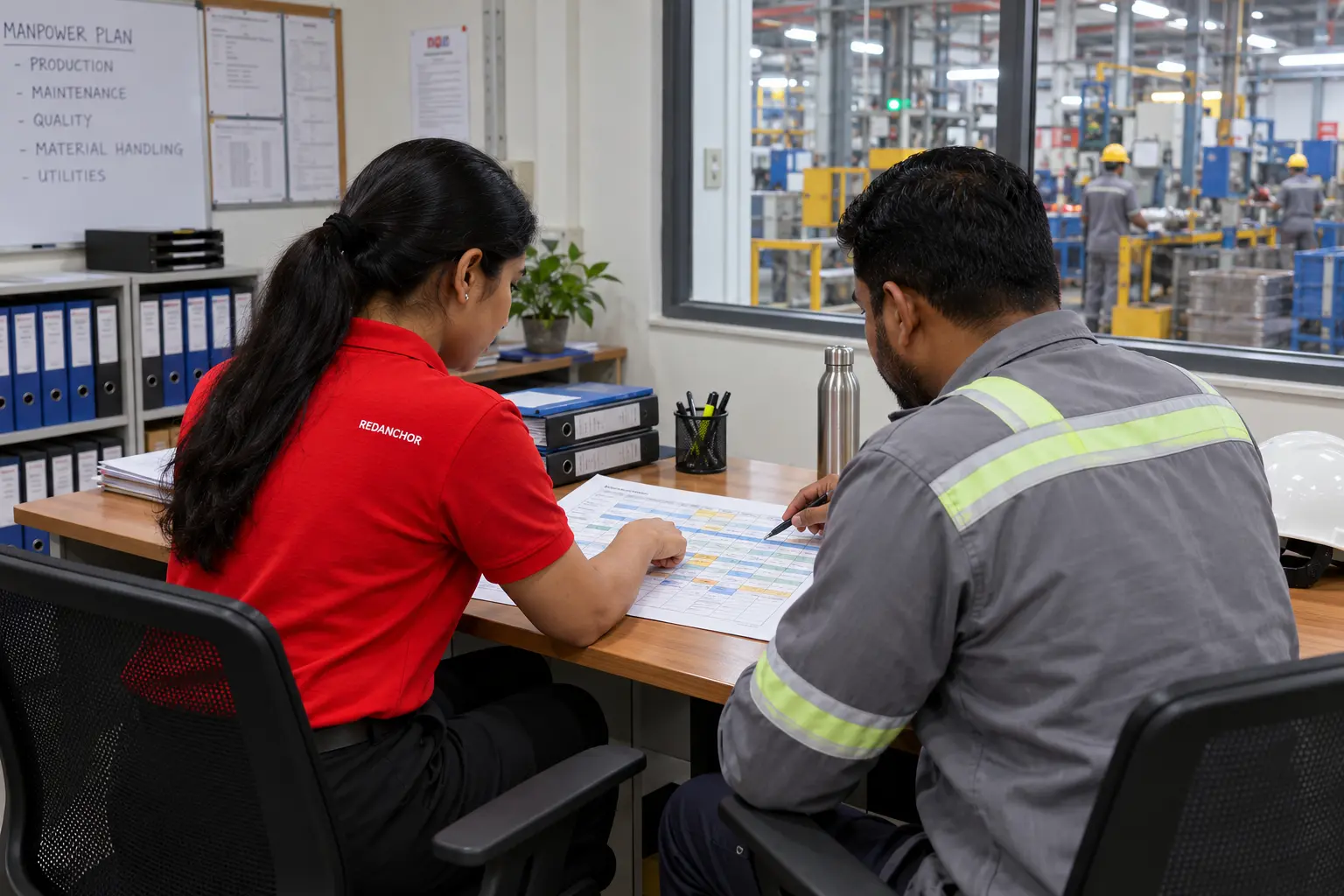 REDANCHOR workforce coordinator reviewing staffing requirements and shift coverage with an industrial site supervisor