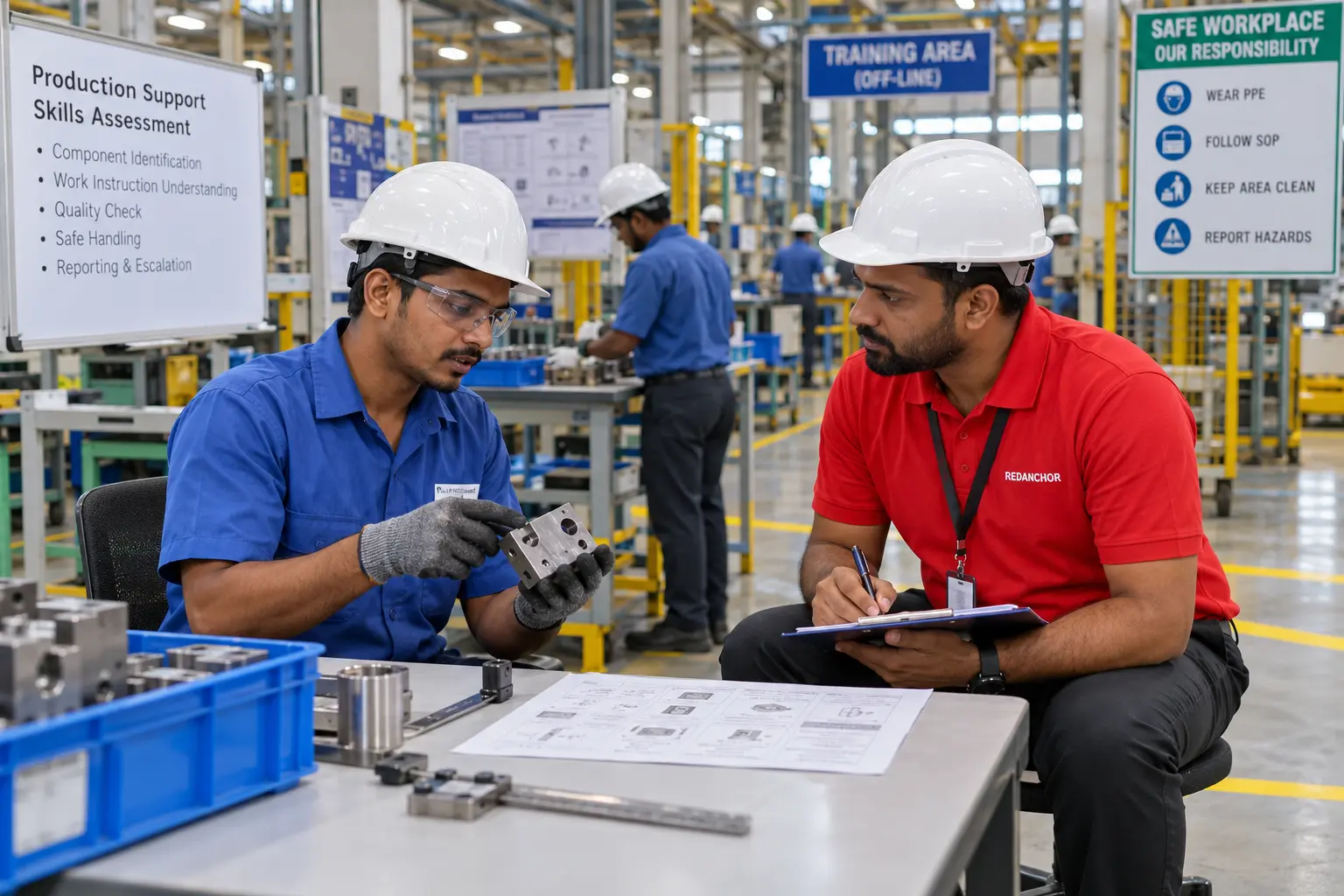 REDANCHOR recruiter assessing a manufacturing candidate in a safe Indian factory training area