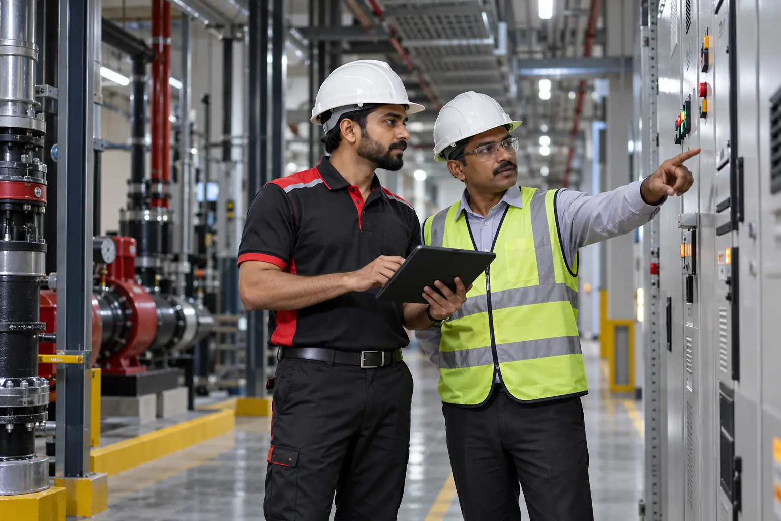 REDANCHOR facility professionals coordinating a technical maintenance inspection in an Indian workplace