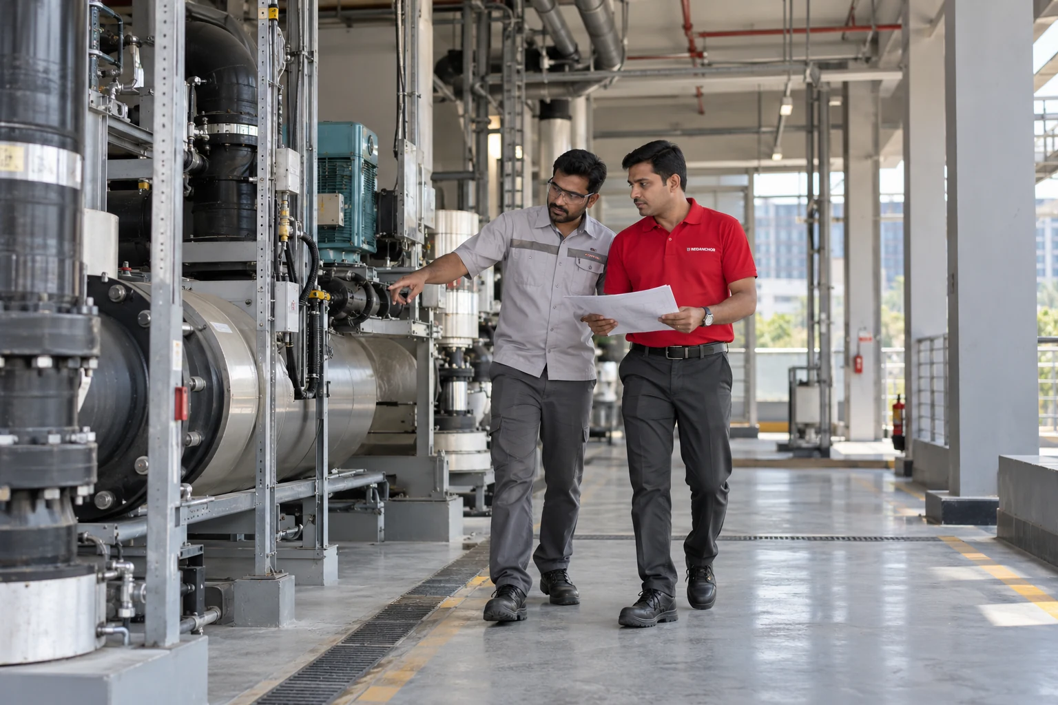 REDANCHOR supervisor and facility technician inspecting a mechanical installation inside an Indian facility