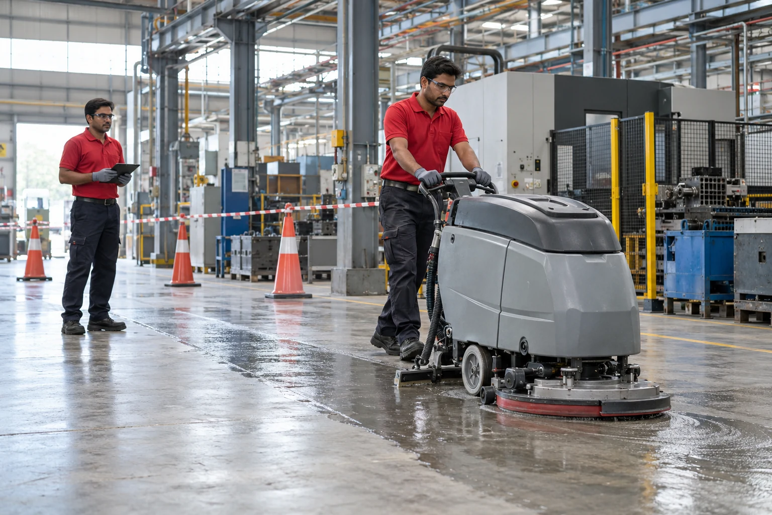 Illustrative REDANCHOR operator actively using a mechanised floor scrubber within a supervised Indian factory cleaning zone