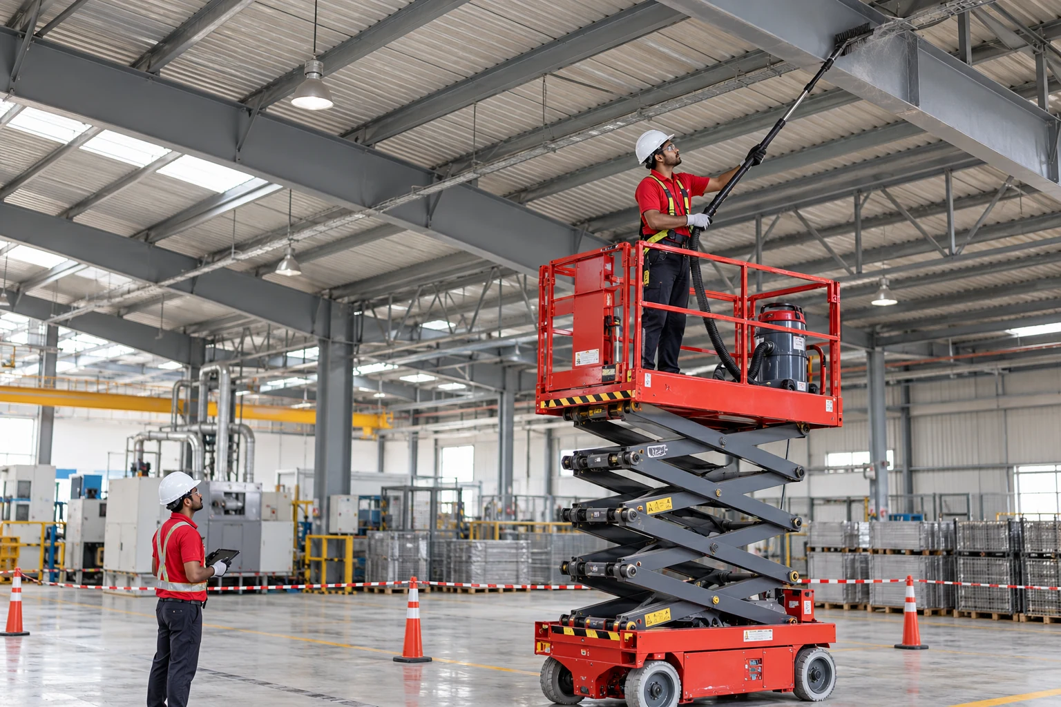 Industrial high-level dry cleaning with a telescopic vacuum pole from a guarded scissor lift, with PPE and supervised access in an Indian factory