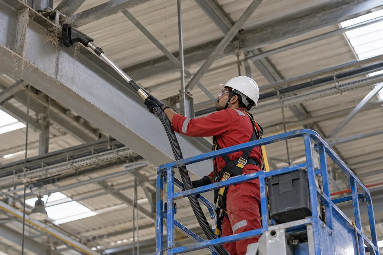 Indian high-level cleaner in a protective helmet and harness using a vacuum pole on dusty roof beams from a guarded elevated platform
