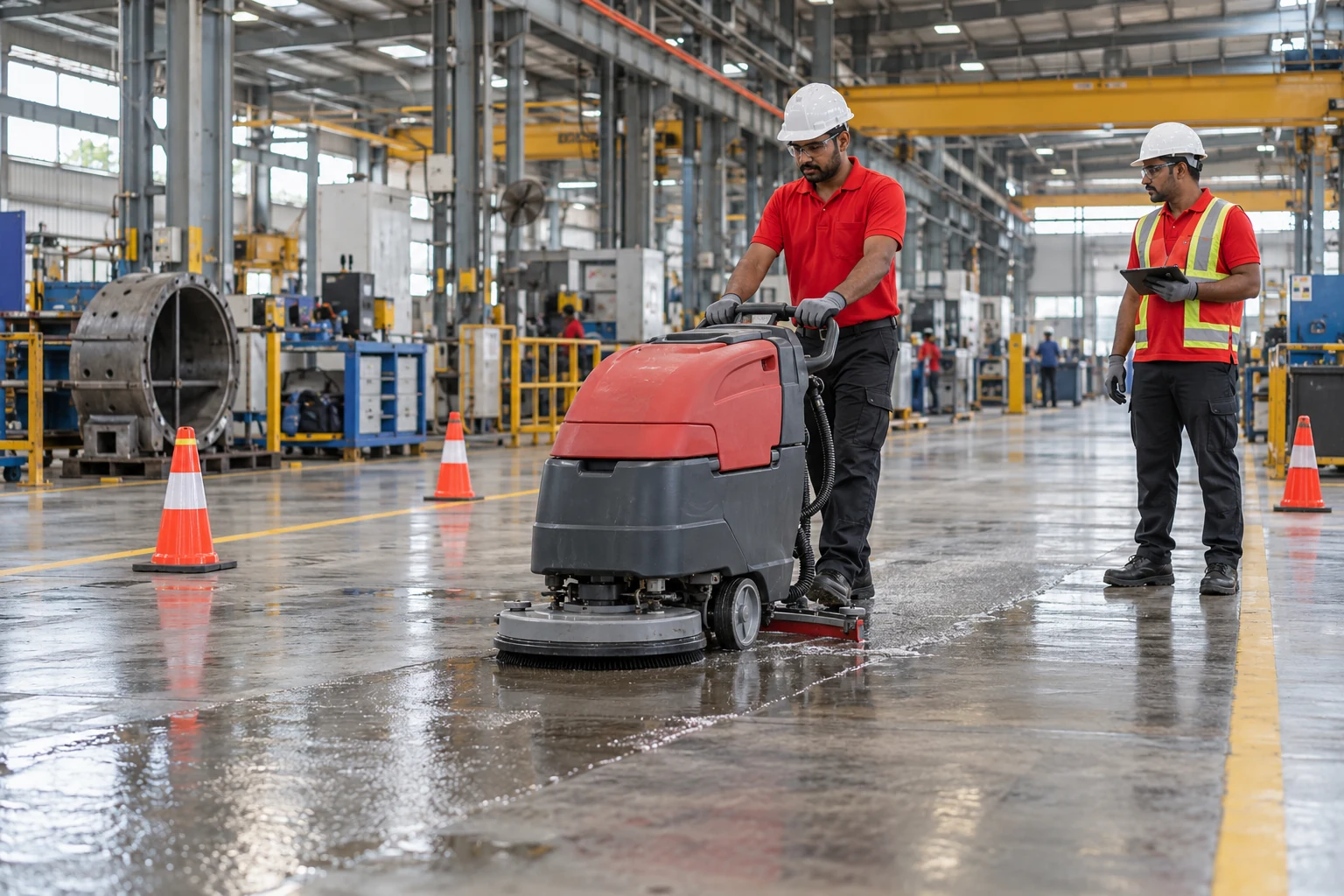 Indian industrial cleaning team using a floor scrubber in a factory maintenance bay, with protective workwear and on-site supervision