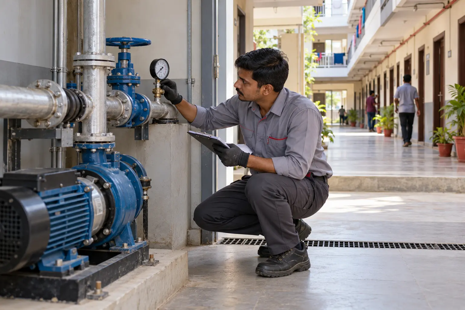 Facility technician inspecting a water-pump installation serving shared residential campus facilities