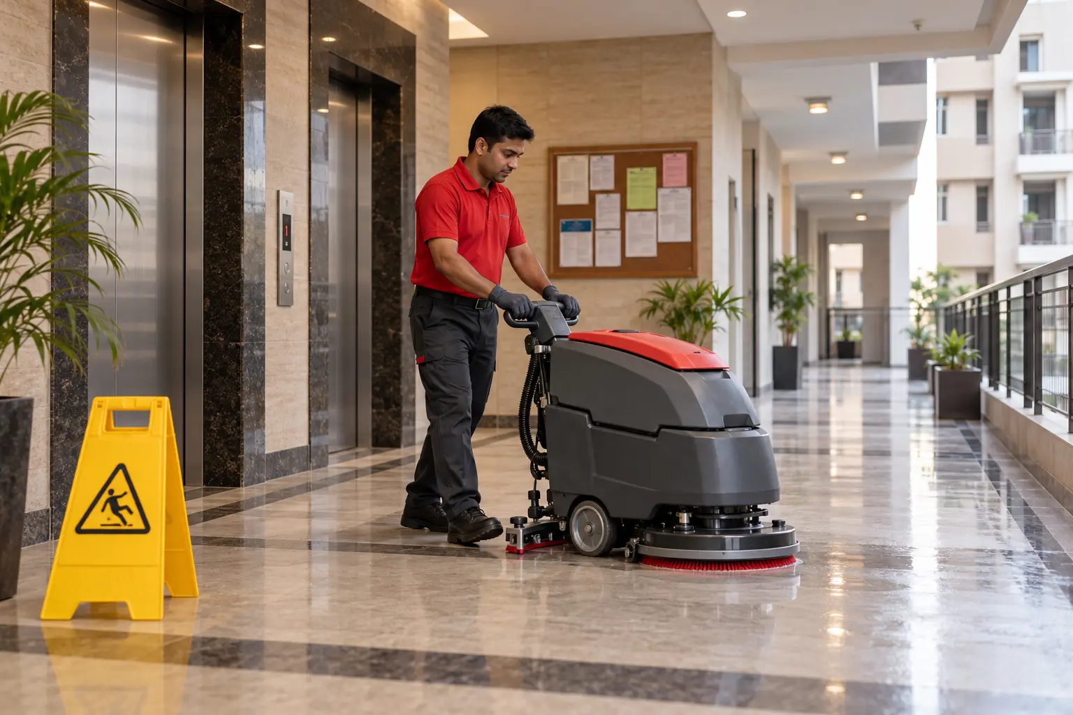 REDANCHOR housekeeping professional cleaning an apartment-building lift lobby and common corridor