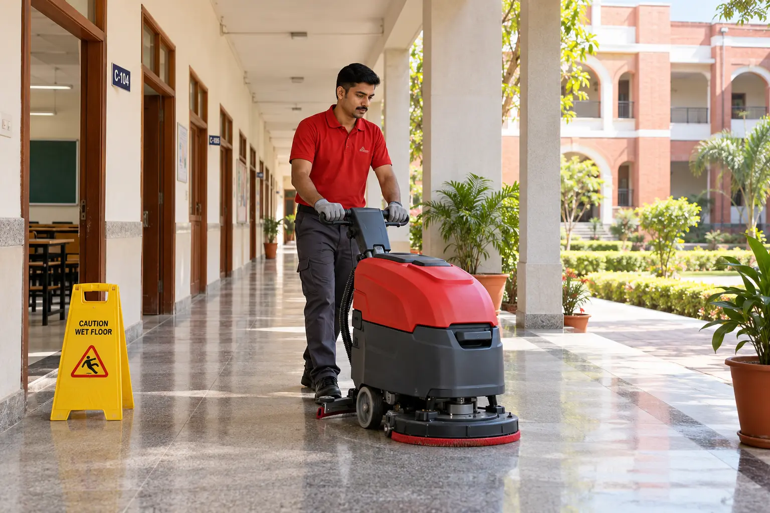 REDANCHOR housekeeping operator cleaning a college corridor with a compact floor scrubber