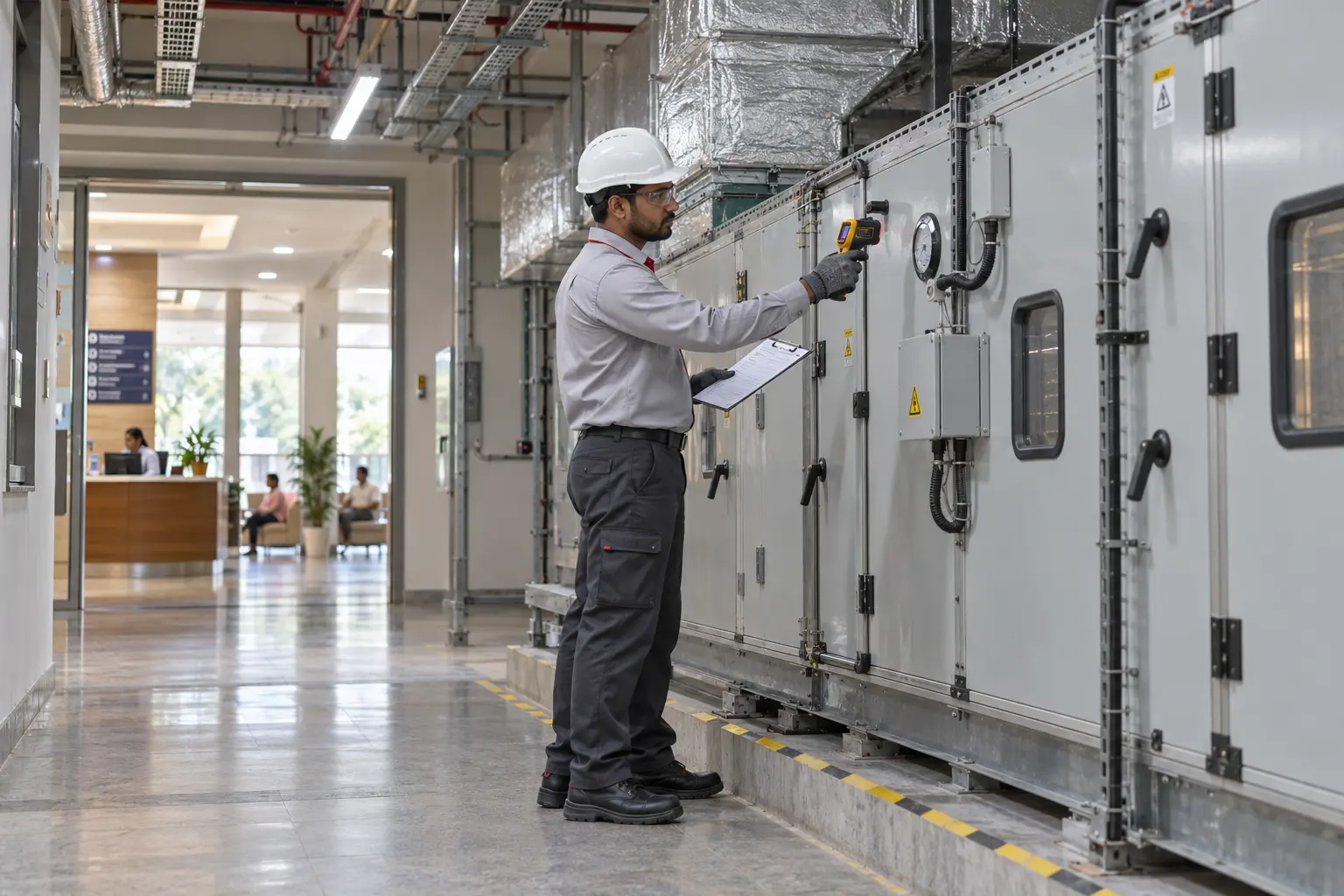 Facility technician inspecting an accessible HVAC unit in an Indian administrative facility