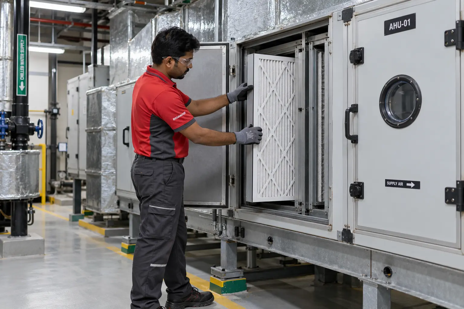 REDANCHOR technician replacing an accessible commercial AHU filter in an Indian facility plantroom, wearing gloves and safety eyewear