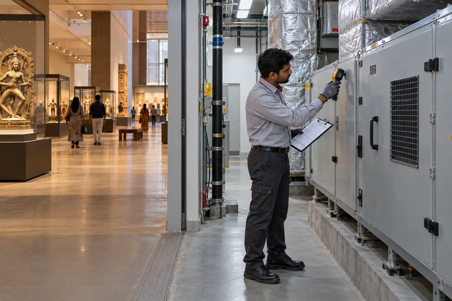 Facility technician inspecting HVAC equipment in a museum service corridor beside public gallery spaces