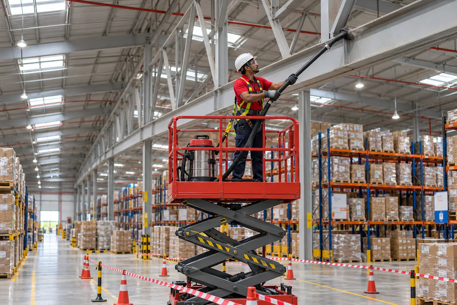 REDANCHOR high-level cleaner removing dust from warehouse beams using a guarded scissor lift in a controlled work zone