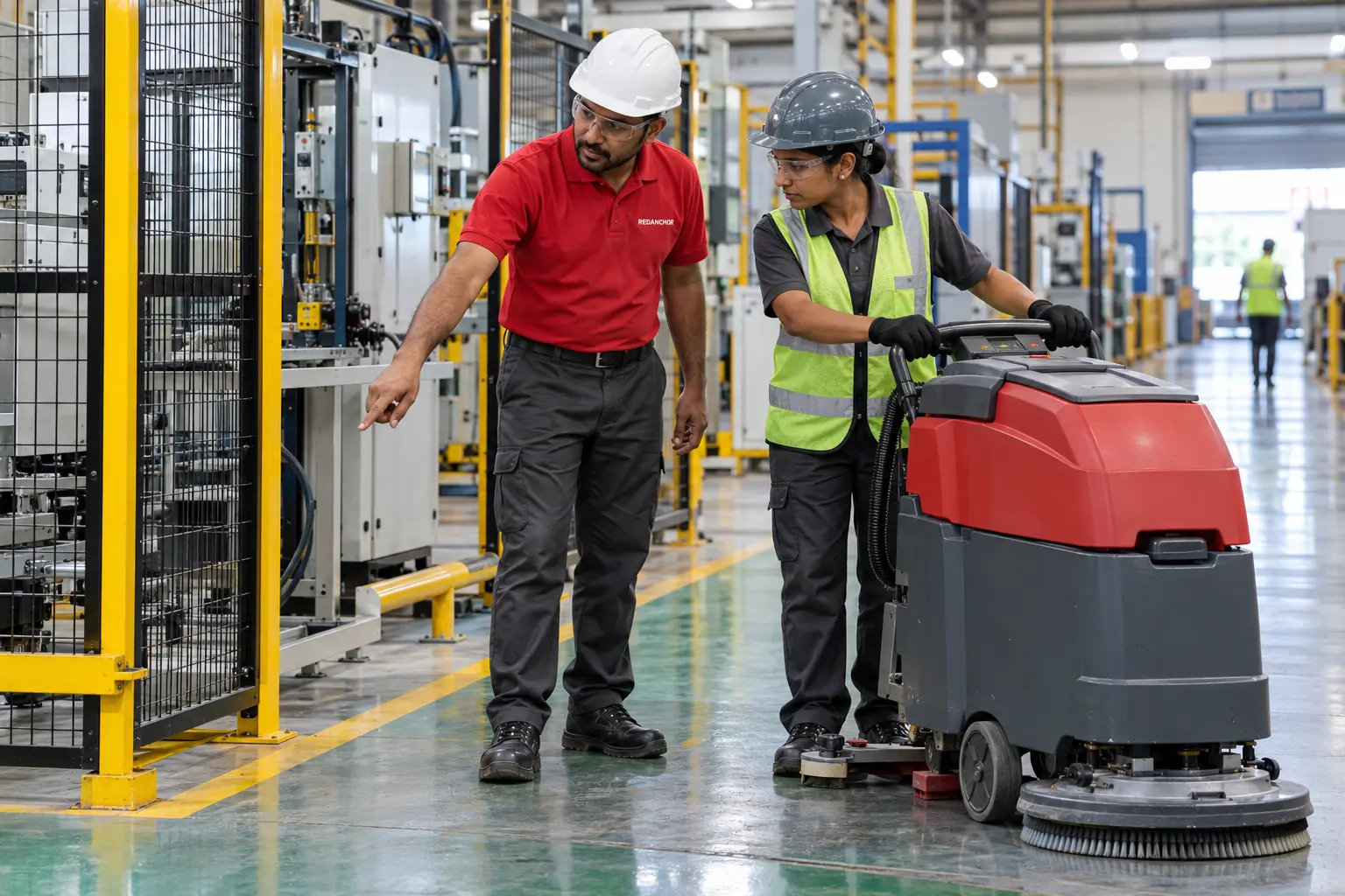 Illustrative REDANCHOR supervisor assessing a factory cleaning zone beside a commercial floor scrubber and protected production equipment