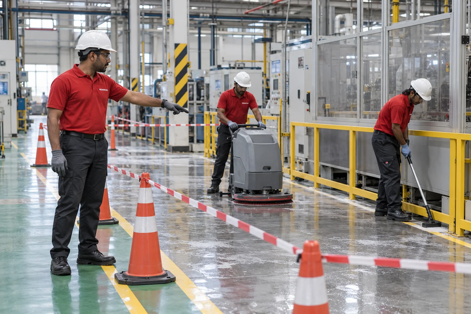 Illustrative REDANCHOR supervisor reviewing a cordoned factory floor-cleaning zone while operators scrub and detail the floor in matching red-and-charcoal uniforms and PPE