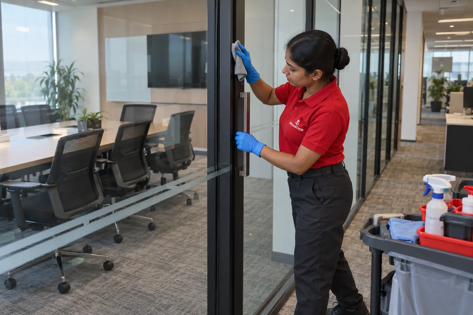REDANCHOR cleaner detailing office fixtures and a glass-frame ledge using a microfiber cloth