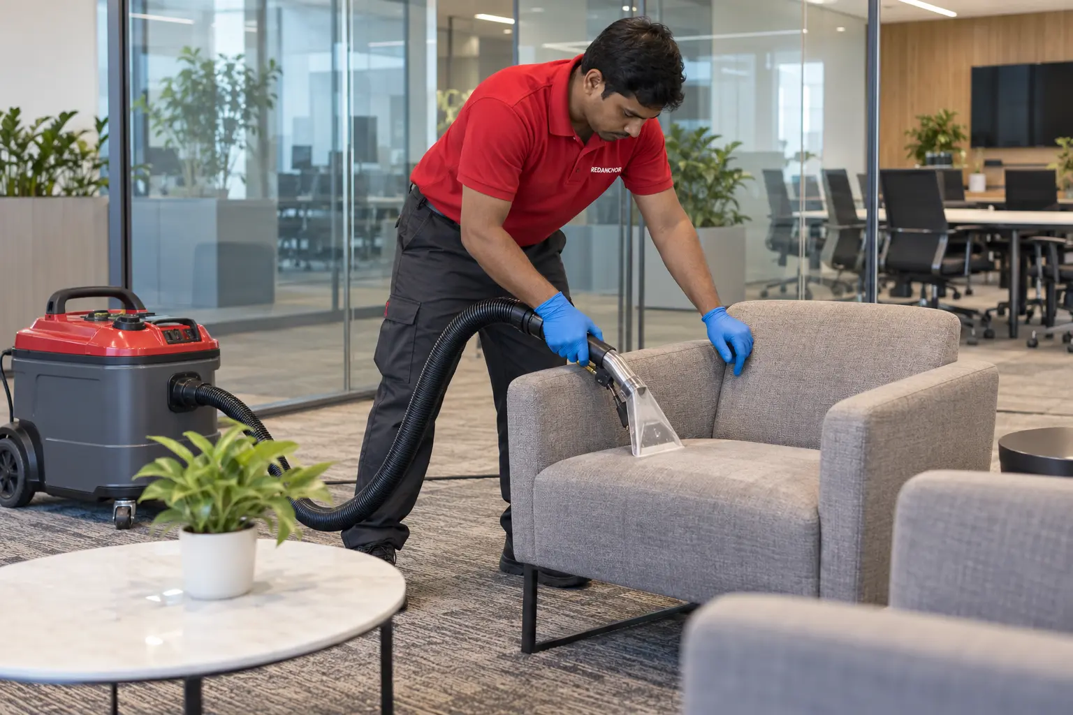 REDANCHOR technician using professional upholstery extraction equipment on a chair in a corporate lounge