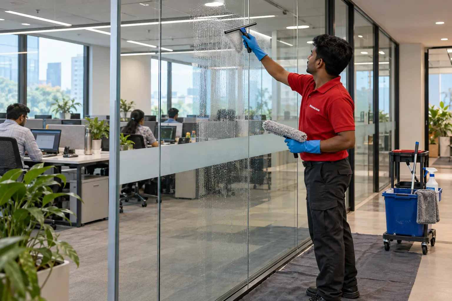 Illustrative REDANCHOR cleaner actively detailing an internal office glass partition in a modern Indian commercial workplace