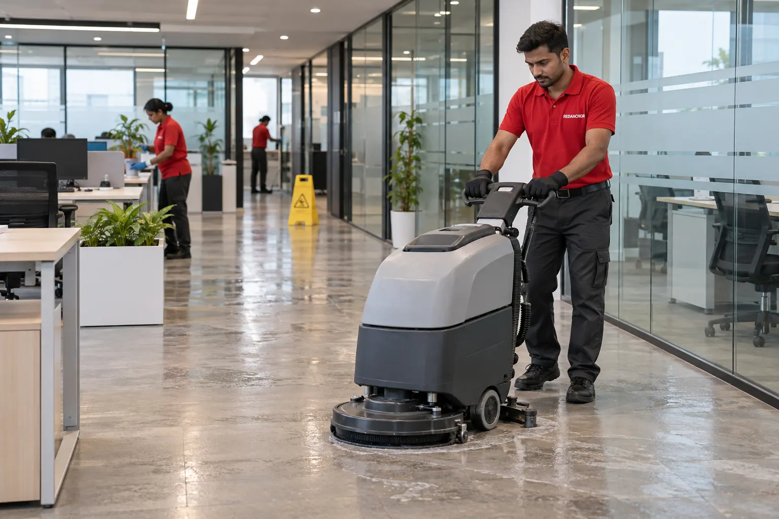 REDANCHOR operator using a commercial floor scrubber inside a modern Indian corporate office