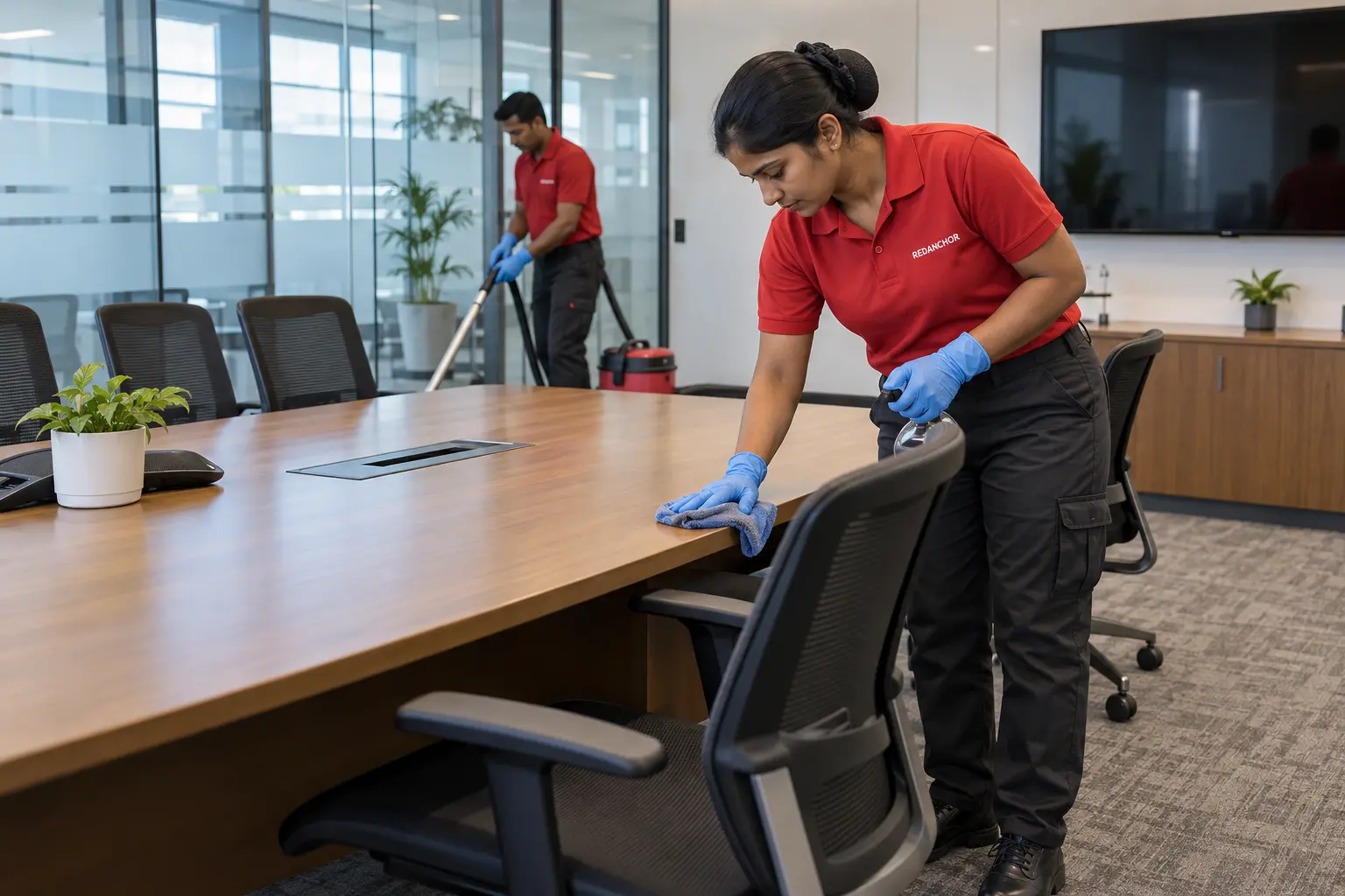 REDANCHOR cleaner detailing a meeting-room table in a prepared office cleaning zone