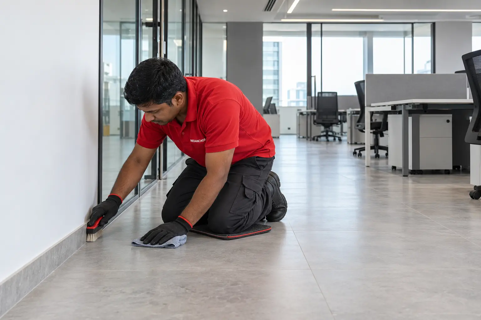REDANCHOR cleaner detailing floor edges and skirting in an office awaiting occupancy