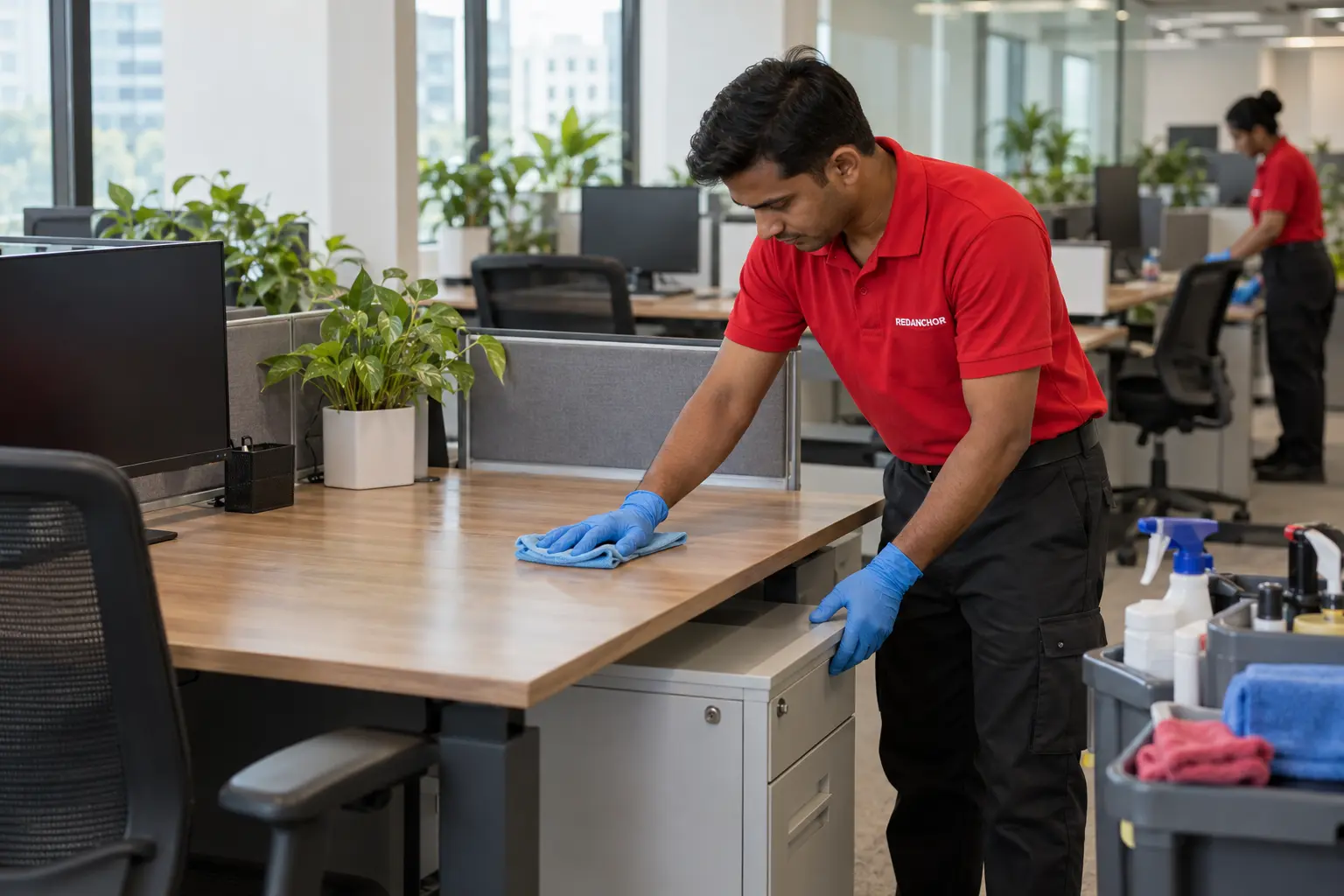 REDANCHOR cleaner detailing a cleared office workstation and accessible fixtures with a microfiber cloth