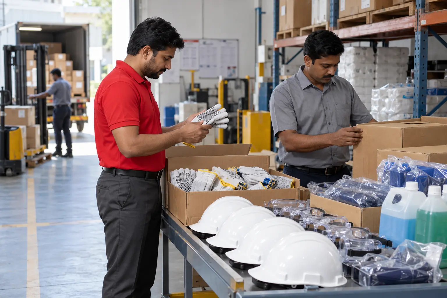 Illustrative REDANCHOR supervisor and supplier representative inspecting a delivery of PPE and cleaning consumables